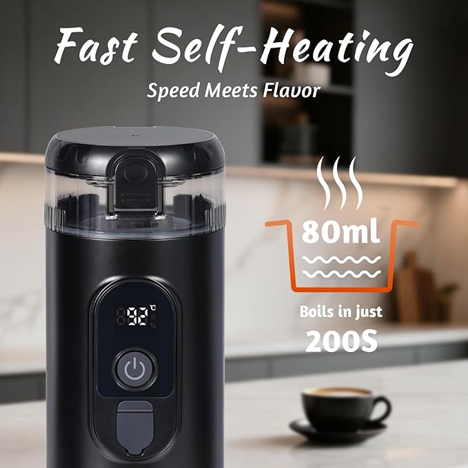 Portable Espresso MakerElectric Travel Coffee Machine with Self-Heating and 20 Bar Pressure USB-C Rechargeable Smart Display 2-in-1 Capsule and Ground Compatible for Camping RV Car and Office