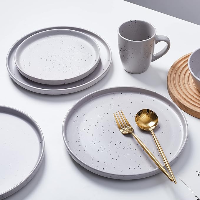 Stone Lain Jade Stoneware 16 Piece Dinnerware Set Home Kitchen Dish Set with Dinner Plates Salad Plates Bowls &amp Mugs - Service for 4 Light Grey