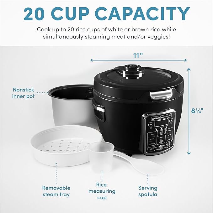 Aroma Professional Touch Glass Lid Food Steamer Slow Cooker Multicooker with 11 Preset Functions Steam Tray Measuring Cup Rice Spatula 20 Cooked