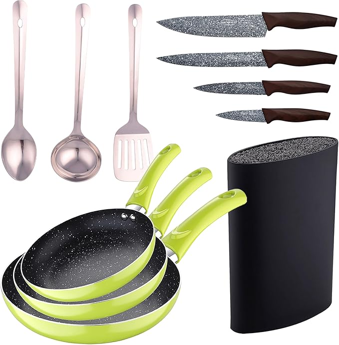 Set 3pc Frying Pan (20+24+28cm) Green Pressed Aluminum with Set 3 Pc Stainless Steel Kitchen Utensils with Set 4pc Stainless Steel Knives with Tacoma