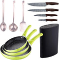 Set 3pc Frying Pan (20+24+28cm) Green Pressed Aluminum with Set 3 Pc Stainless Steel Kitchen Utensils with Set 4pc Stainless Steel Knives with Tacoma