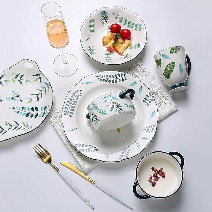 Dinnerware Set Plates and Bowls Sets 14 Piece Hand-Painted Plants Dinnerware Sets Elegant Couple Ceramic Plates Set And Dishes Set