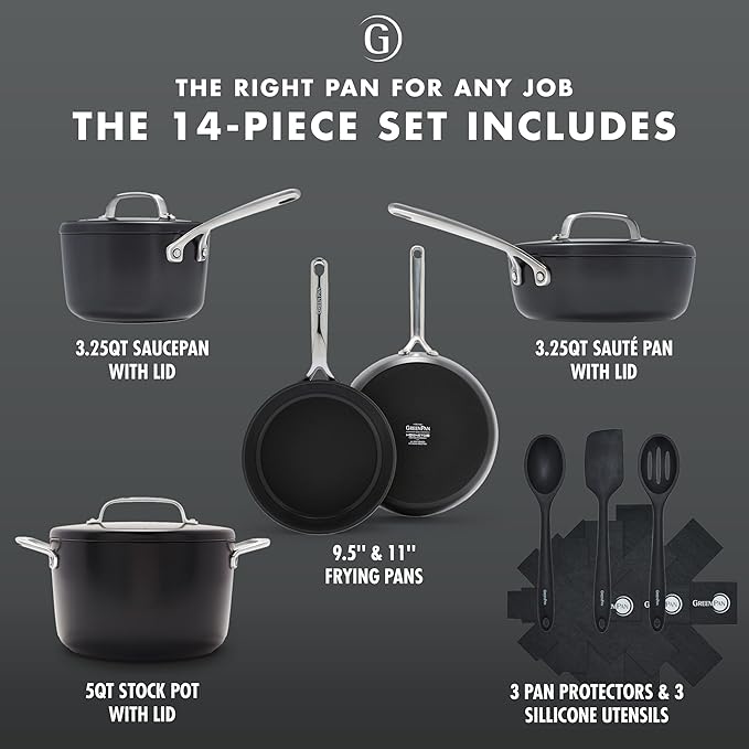GreenPan GP5 Hard Anodized Healthy Ceramic Nonstick 14 Piece Cookware Pots &amp Pans SetHeavy Gauge Scratch Resistant Stay Flat SurfaceInduction Mirror Finish HandleOven Safe PFAS-Free Black