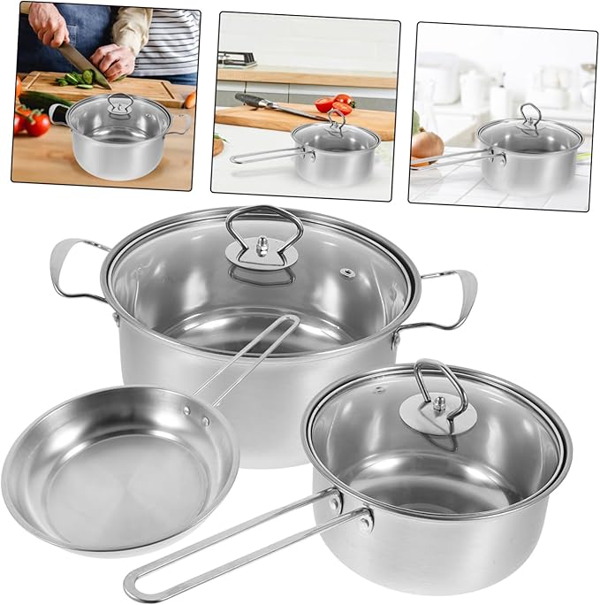 Stainless Steel Cookware Set with Saucepan Lid Soup Pot Milk Pot and Frying Pan Smooth Surface for Easy Cleaning Thick Bottom for Quick Heating