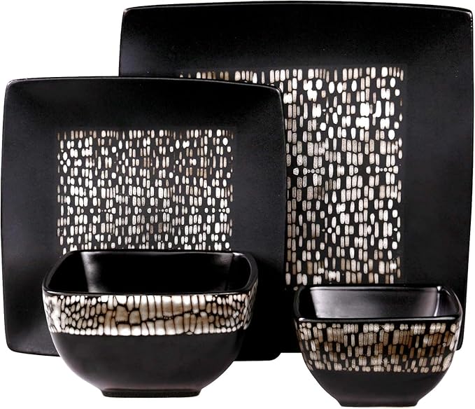16-Piece Double Bowl Stoneware Dinnerware Set – High-Gloss &amp Matte Finish Modern Textured Plates &amp Bowls