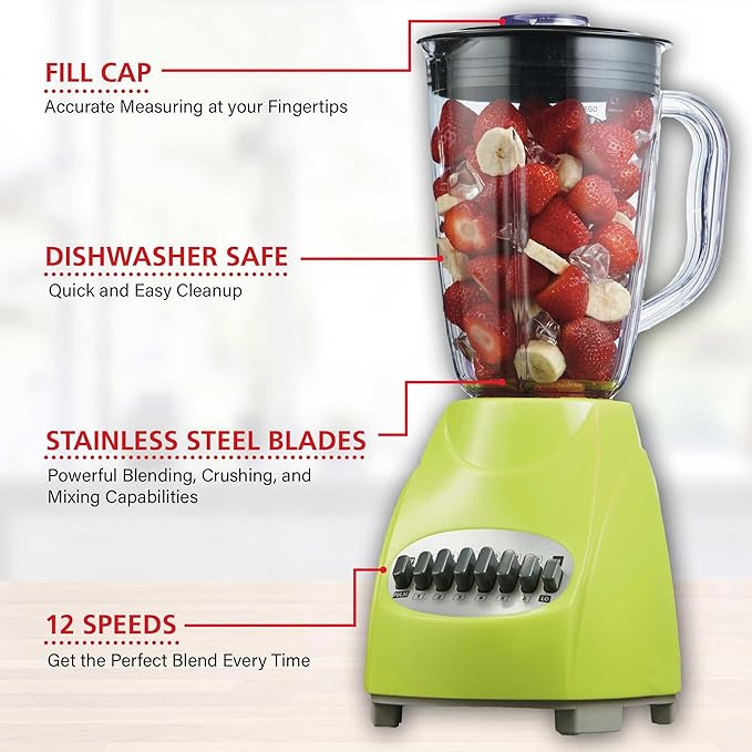 12-Speed Countertop Blender with Pulse Function – 50oz BPA-Free Jar Stainless Steel Blades Ice Crusher &amp Smoothie Maker 350W Kitchen Blender (Green)