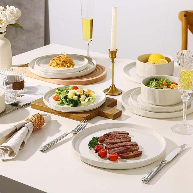 MONITO Ceramic Plates and Bowls Sets for 4 12PCS Stoneware Dinnerware Sets Reactive Glaze Dish Set Chip and Scratch Resistant Double Microwave and Dishwasher SafeWhite