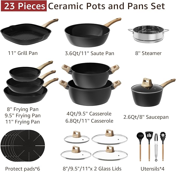 23-Piece Pots and Pans Set Non StickTitanium Ceramic Cookware Set Non ToxicLong-LastingPFAS FreeInduction CompatibleComplete Kitchen Set with 3 Frying Pans for All Cooking needs