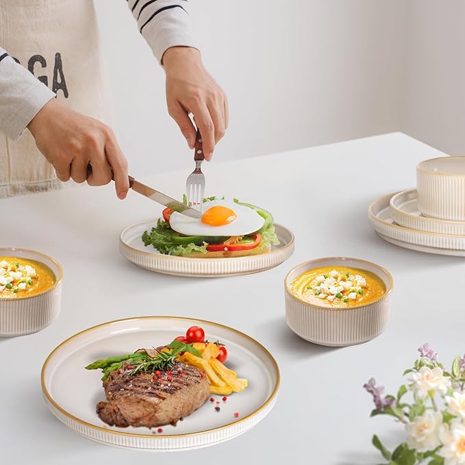 Romswi Stoneware 18Pcs Dinnerware Sets Ceramic Plates and Bowls Set for 6 Chip &amp Scratch Resistant Ribbed Dish Set Handmade Reactive Glaze Oven Microwave &amp Dishwasher Safe Cappuccino Whi