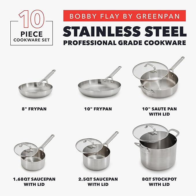 GreenPan x Bobby Flay 10 Piece Stainless Steel Cookware Set Tri-Ply Multiclad Pots &amp Pans Professional Grade Oven &amp Broiler Safe to 600°F Dishwasher Safe Durable Induction Compatible Si