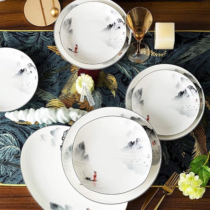 Dinnerware Sets Plates and Bowl Sets Dinnerware Set Porcelain Tableware Bone China Porcelain - White Series Ink Painting Landscape Series-Lake 56 Pieces For10
