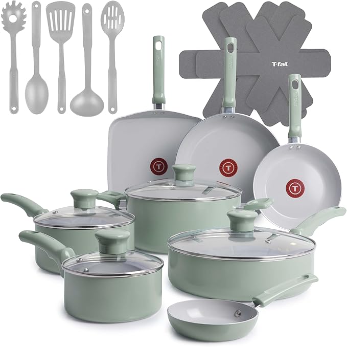 T-Fal Refresh Ceramic Nonstick Cookware Set 20-Piece Oven Safe to 350°F Stockpot Ceramic Pots and Pans Set Frying Pans Griddle Utensils Mint Green