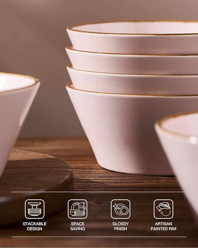 Famiware Saturn Dinnerware Sets Plates and Bowls Sets for 4 12 Pieces Stoneware Dish Set - Chip and Scratch Resistant Microwave and Dishwasher Safe Tableware Set Light Pink with Rim