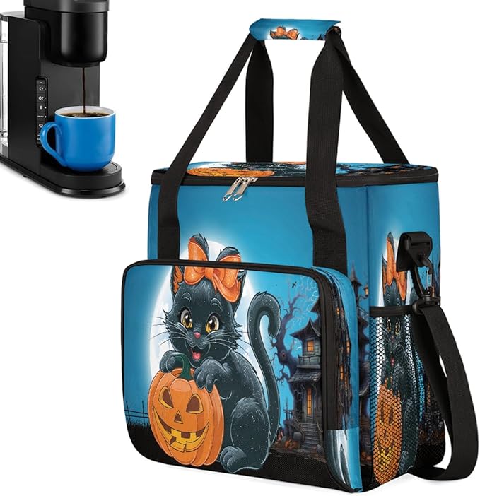 Halloween Pumpkin Cat Castle Coffee Maker Carring Bag Travel Carrying Storage Tote Bag Compatible with Keurig K-Mini or K-Mini Plus Portable Single Serve Coffee Brewer Case with Pockets