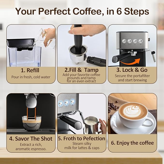 Espresso Machine with Milk Frother 20 Bar Espresso Maker for Cappuccino&ampLatte Compact Coffee Maker for Home&ampOffice 50oz Removable Water Tank Stainless Steel