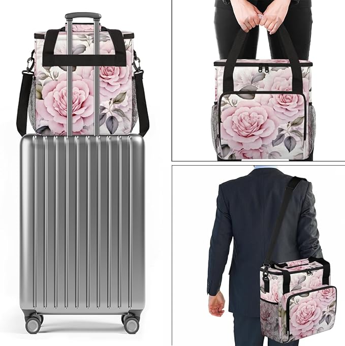 Pink Flower Travel Coffee Maker Carrying Bag Pink Floral Large Organizer Storage Tote Bag Insulated Reusable Cooler Lunch Bags