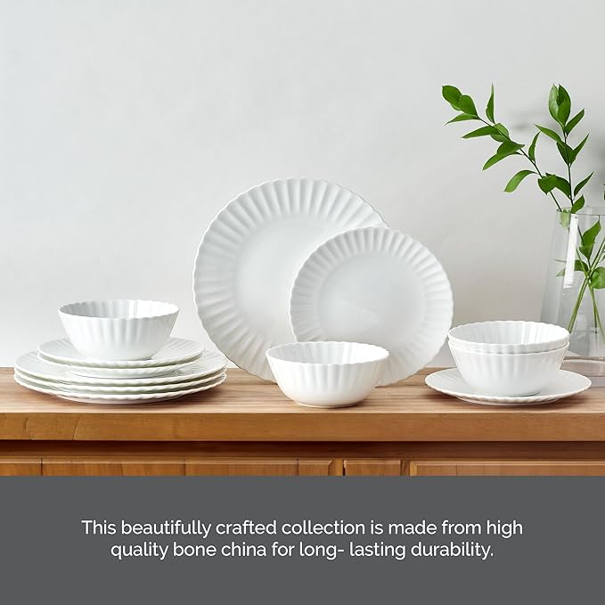 Mikasa Isadora Scalloped Bone China Lightweight Chip Resistant 12 Piece Dinnerware Set Service for 4