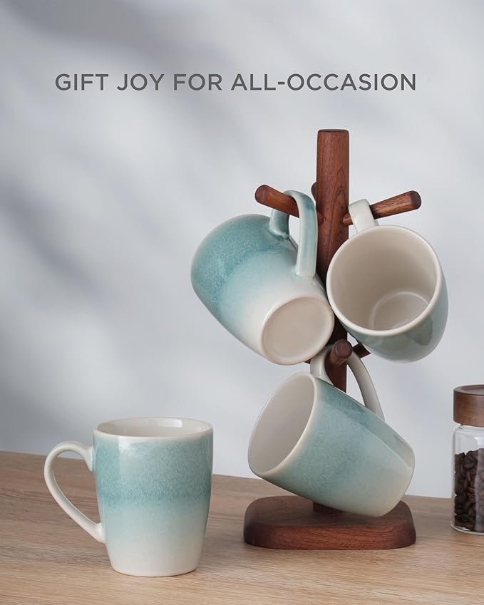 Famiware Glacier Plates and Bowls Sets 16 Pieces Stoneware Dinnerware Sets 13 oz Mug Set of 4 Aqua