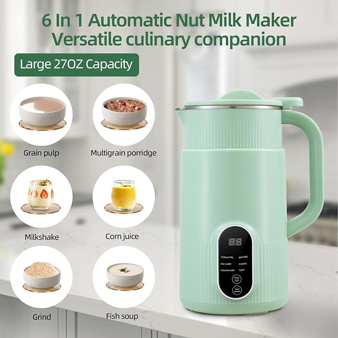 6 In 1 Automatic Nut Milk Maker - 27 Oz(800ml) For Almond/Oat/Soy Milk And Dairy Free Beverages With Delay Start/Self-Cleaning/Boil Water/Juice With Measuring Cup Cup Brush (Green)