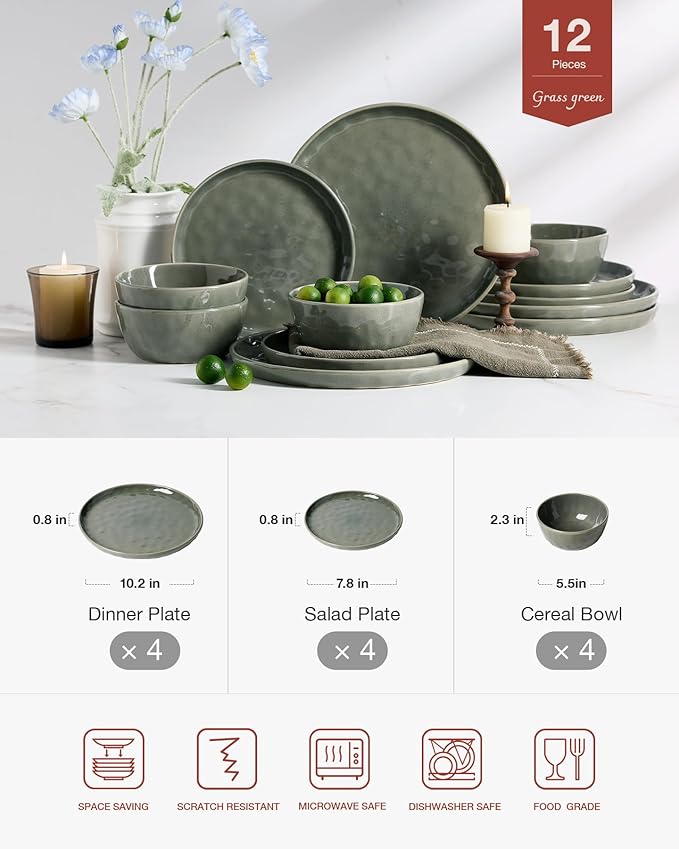 Famiware Mars Plates and Bowls Set 12 Pieces Dinnerware Sets Dishes Set for 4 Sage Green