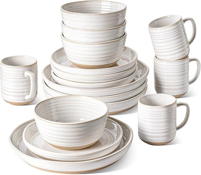 LE TAUCI Dinnerware Sets 16 PCS Stoneware Plates and Bowls Set House Warming Wedding Present Serve for 4 (10 Dinner Plates + 8 Salad Dish + 28 oz Cereal Bowl+12oz coffee mugs) x 4 Arctic White