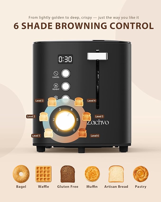 2 Slice Toaster with Wide Slots for Bread &amp Bagels Stainless Steel Toaster with Digital Countdown 6 Shade Settings Defrost Reheat &amp Cancel Compact Design for Kitchen Black