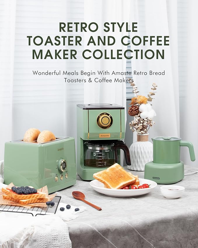 Amaste Green Coffee Maker &amp Green Toaster &amp Black Retro Electric Kettle Set