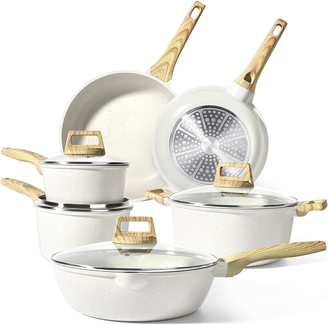 GiPP Pots and Pans Set Non Stick - 10 Pcs White Granite Kitchen Cookware Sets Nonstick Induction Cookware Non-toxic Cooking Pan Set with Lids PFOS and PFOA Free