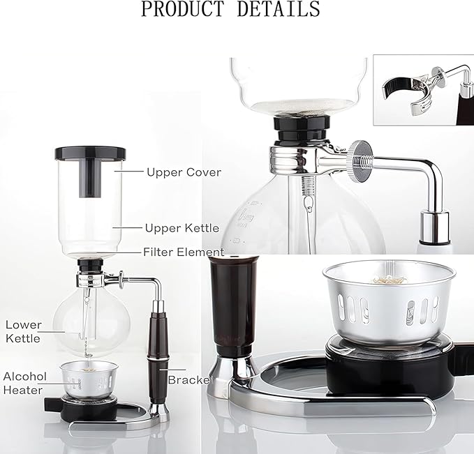 Siphon Coffee Maker Glass Syphon Vacuum Coffee Makers Syphon Pot Coffee Maker with Alcohol Burner Stable &amp Durable base Anti-scalding handle Material &amp crack resistance for Office Coffee
