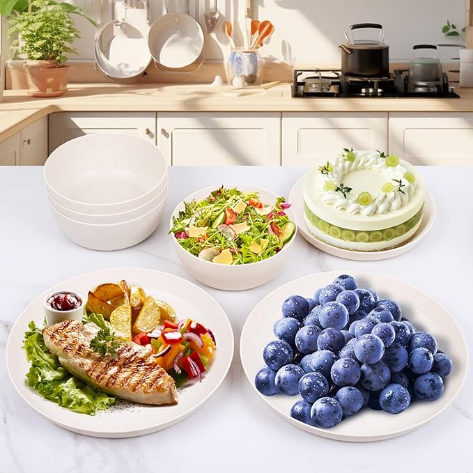 EI 12pcs Wheat Straw Dinnerware Set of 4Reusable Plastic PlatesUnbreakable Dinner PlatesDeep Dinner Hard Premium Plastic PlateMicrowave Dishwasher Safe for CampingPicnincFamily Dinner