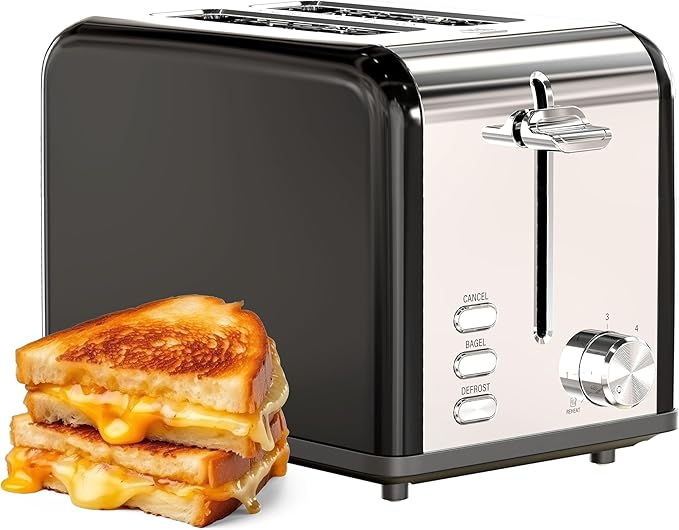 YSSOA 2-Slice Stainless Steel Toaster 6 Browning Setting and 3 Function Extra Wide Slot &amp Removable Crumb Tray for Bread &amp Waffle Black