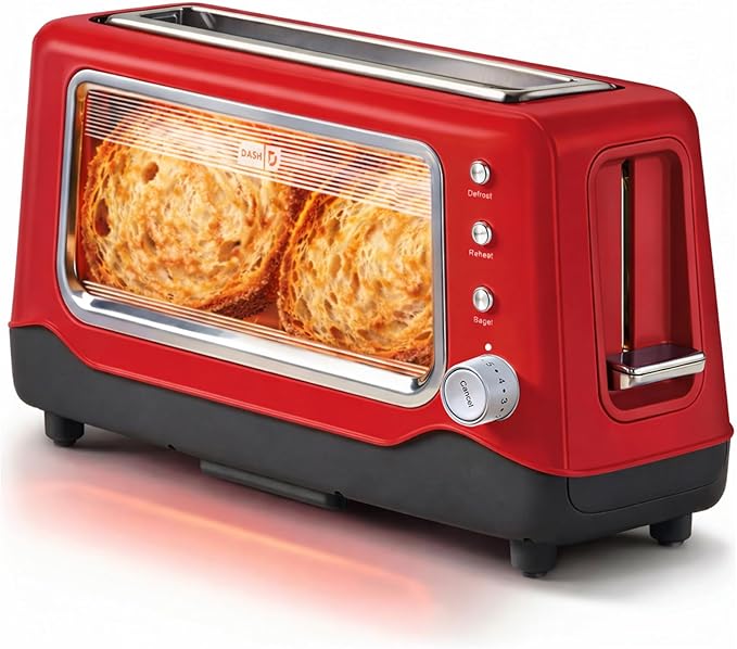 Dash Clear View Toaster - Features Large Window &amp Extra-Wide Slots - Auto-Shut Off Feature - Bagel Functions &amp Seven-Browning Levels - 1-Touch Defrost - Red