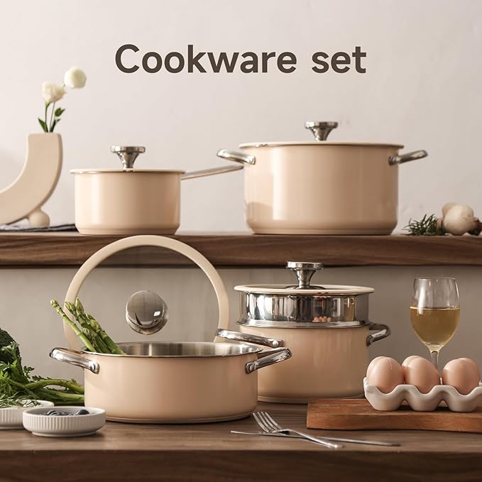 304 9pcs Stainless Steel Cookware Set Nonstick Kitchen Cookware SetBeige High Temperature Ceramic Paint Including 1 Milk Pot 3 Different Sizes Of Stockpot 1 Steam Tray For All Stoves
