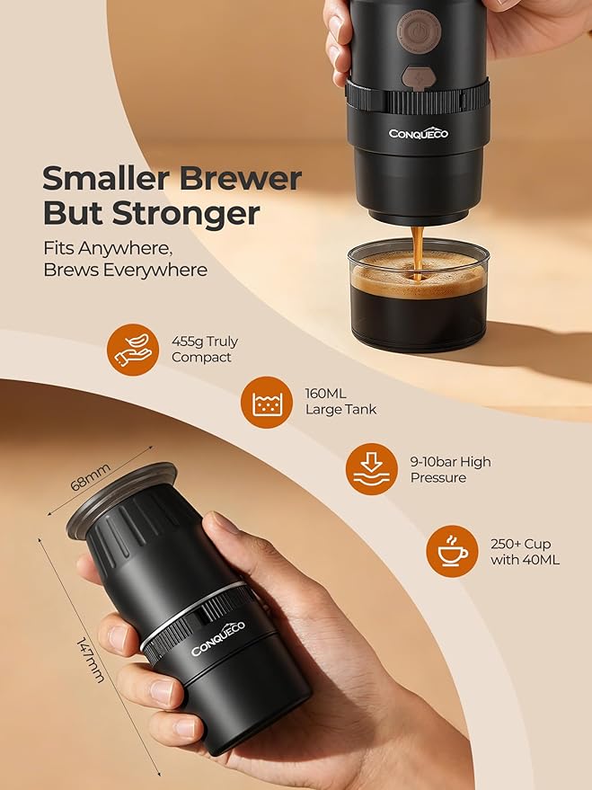 Portable Handheld Electric Espresso Machine Ultra Light Compact Coffee Maker for Hot Water 160ML Large Water Tank 2300mAh Battery Unique Bracket Fast Brewing for NS Capsules Travel/Camping/Office