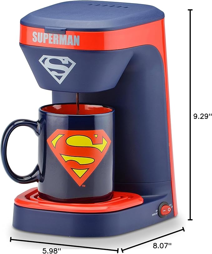 DC Comics Superman 1-Cup Coffee Maker with 12 Oz Superman Mug by Select Brands - Superhero Kitchen Accessories - Drip Coffee Maker &amp Cup - Gifts for Superman Fans