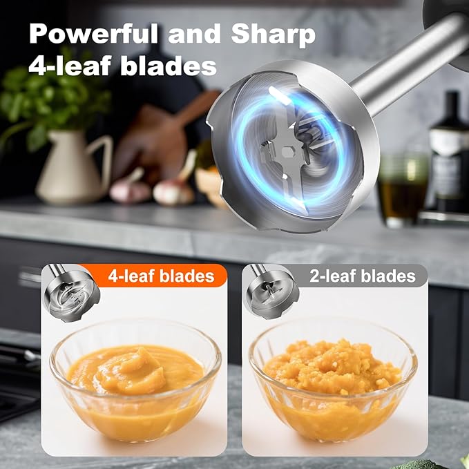 Immersion Blender Handheld Hand Blenders 20 Speed &amp Turbo Mode Hand Held Blender Heaviest Duty Copper Motor Stainless Steel Blades Milk Frother Wand Whisk 600ml Beaker 500ml Chopper (Silver