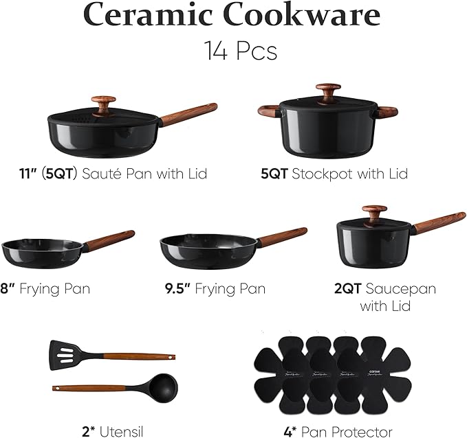 CAROTE ceramic cookware setnonstick pots and pans14PCS Non Toxic Healthy Non Stick Kitchen Cooking Pots and Frying Pans Set PFAS PTFE Free