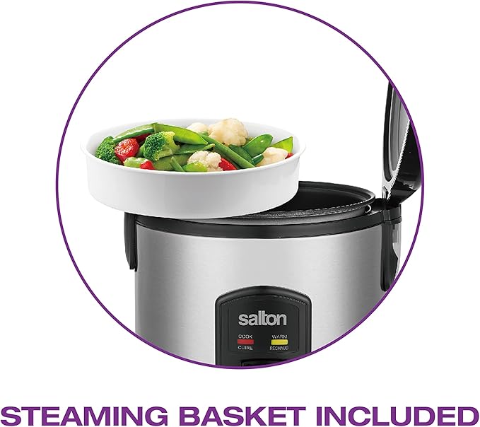 Salton 8 Cup Jar Style Automatic Rice Cooker with Food Steaming Basket Measuring Cup &amp Spatula Removable Non-Stick Cooking Bowl (RC2027)