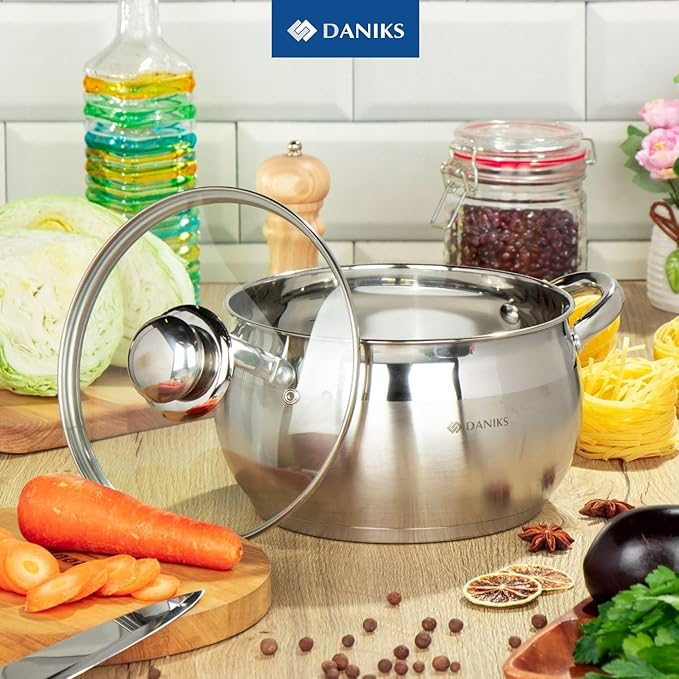 Daniks Classic 2 Quart Stainless Steel Stock Pot with Glass Lid Tri-Ply Bottom for Even Heating Induction Compatible Dishwasher Safe