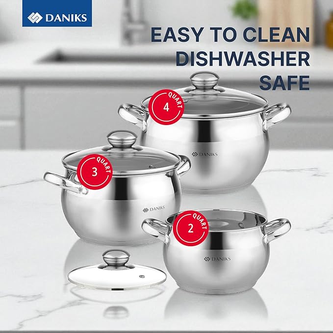 Daniks Classic 6-Piece Stainless Steel Cookware Set with Glass Lids Tri-Ply Bases for Even Heating Induction Compatible Dishwasher Safe