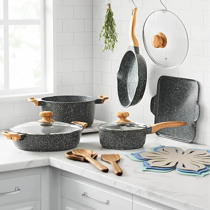 14-Piece Cast Aluminum Cookware Set Nonstick Prairie Signature Brown Speckle Kitchen Cooking Set Frypan Saucepan Dutch Pan Griddle 3 Felt Kitchen Cooking Set (Charcoal Speckle)
