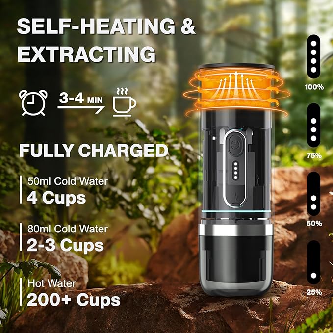 Portable Espresso Machine &amp Coffee Maker for Camping Travel Office - Self-Heating USB-C Charger Compatible NS Capsule &amp Ground Coffee (Coffee Brown)