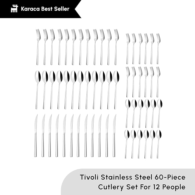 Karaca Tivoli 60 Pieces Cutlery Set for 12 Person - Forks Spoon Knives Silverware Sets - Modern Silver Flatware - Stainless Steel Kitchen Utensils Tableware Set - Dishwasher Safe