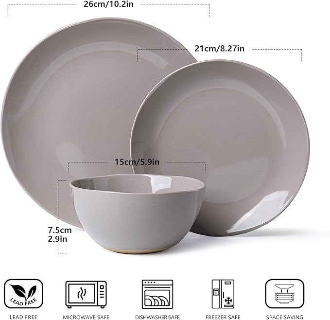 Dinnerware Sets for 4 12 Pieces Stoneware Plates and Bowls Sets Dishwasher&ampMicrowave SafeModern Minimalist Tableware for Everyday Use Grey