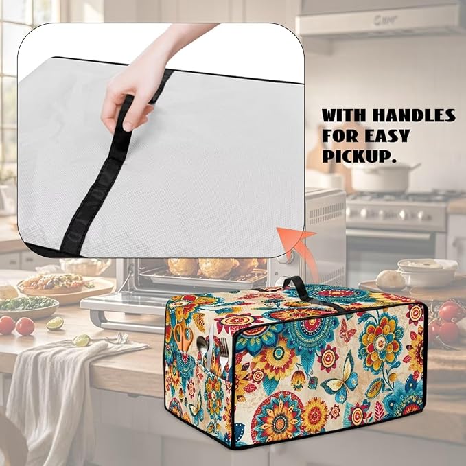 Boho Mandala Print Toaster Oven Cover Wide Slot Butterfly Print Bread Machine Cover with Side Pockets for Kitchen Counter Decorative 18.5 x 14.5 x 9 Green and Orange
