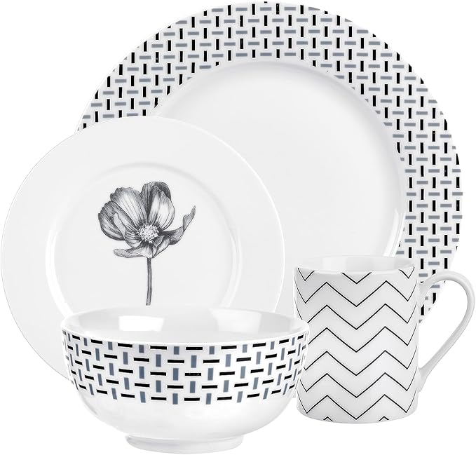 Portmeirion Home Stella 16 Piece Set - Monochrome Porcelain Dinnerware Collection with Patterned Borders Mix &amp Match Designs - Ideal for Family Dining Casual Entertaining &amp Modern Table Sett
