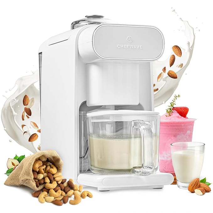 ChefWave Milkmade Soy Milk Maker (Silver/White) 6-in-1 Vegan Plant-Based Milk Machine with Auto Clean and Delay Start Almond Oat Soy Cashew Coconut Macadamia Milk Maker with Nut Platter