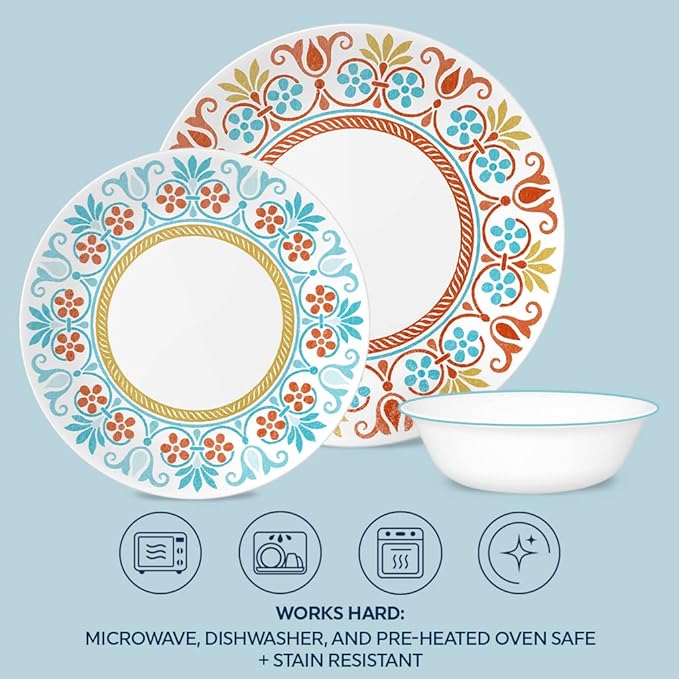 Corelle Global Collection Vitrelle 12-Piece Dinnerware Set Triple Layer Recycled Glass Lightweight Eco-Friendly Round Plates and Bowls Set Terracotta Dreams