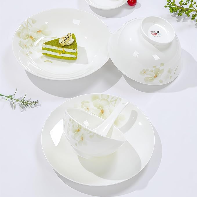 50 Pcs Fine Bone China Dinnerware SetPorcelain&ampCeramic Dinnerware SetsBone Stoneware&ampCeramic Cookware Tableware Set Includes Dinner Plates|Spoons|Pasta Bowls|Soup Pot|Chopsticks