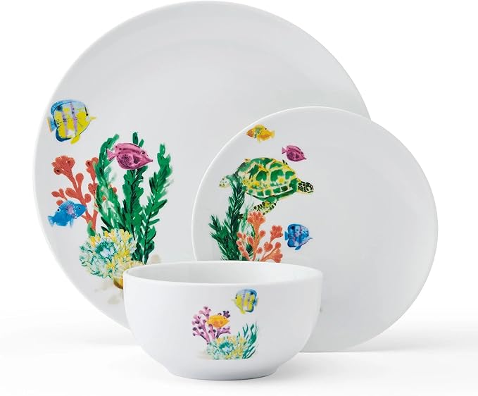 White Ocean Theme Ceramic Dinnerware Set 12-Piece Orange Fish Pattern Dishwasher Microwave Safe Ideal for Family Daily Dining &amp Friend Gatherings 4-Person Set
